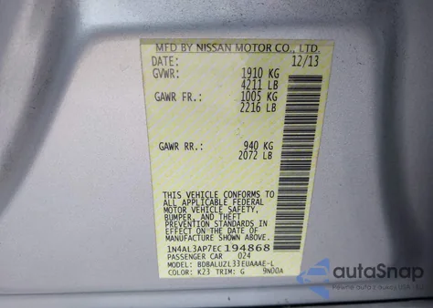 2014 Nissan Altima 2.5 Sv z USA, uszkodzony, nr VIN 1N4AL3AP7EC194868